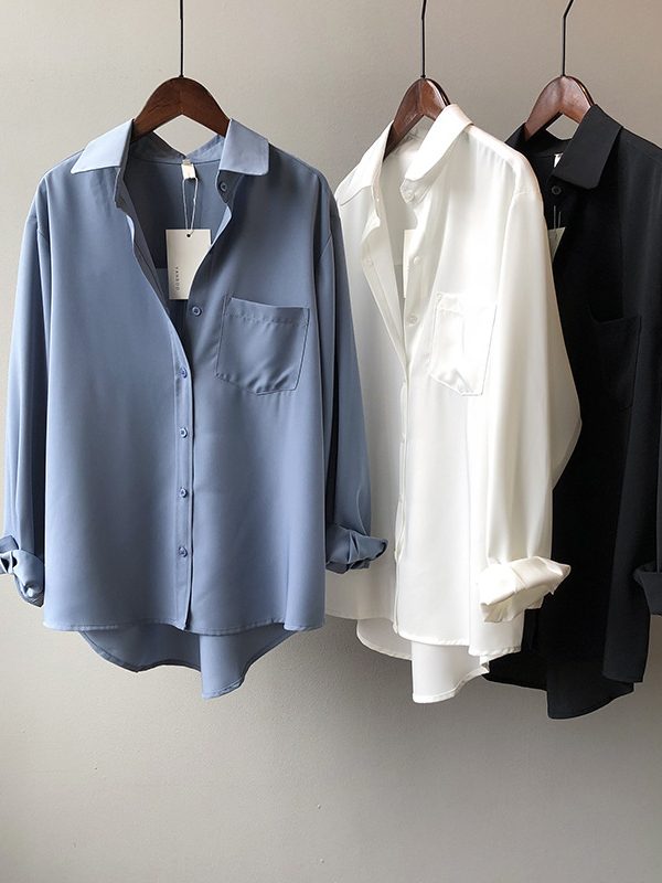 Korean Chic Solid Color Simple Long Sleeve Collared Shirt in Blouses & Shirts