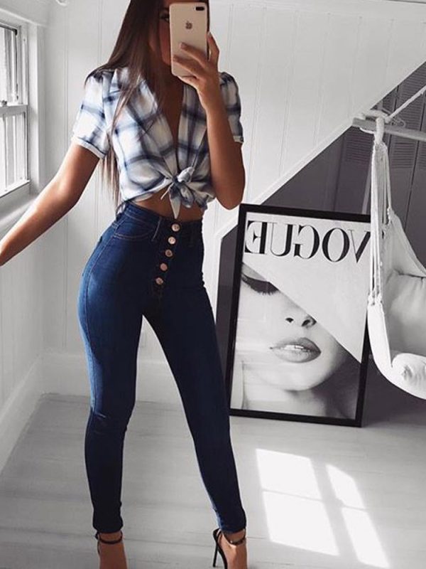High Waist Hip Lift Slim Breasted Jeans in Pants