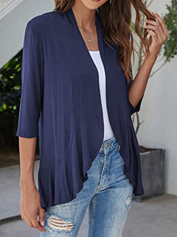 Solid Color Cardigan  3/4 Sleeve Ruffle Top - Blouses & Shirts - Uniqistic.com