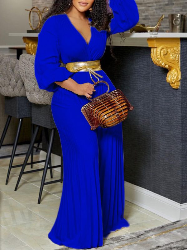 Summer V neck Sexy Lace up Pleated Wide Leg Jumpsuit in Jumpsuits & Rompers