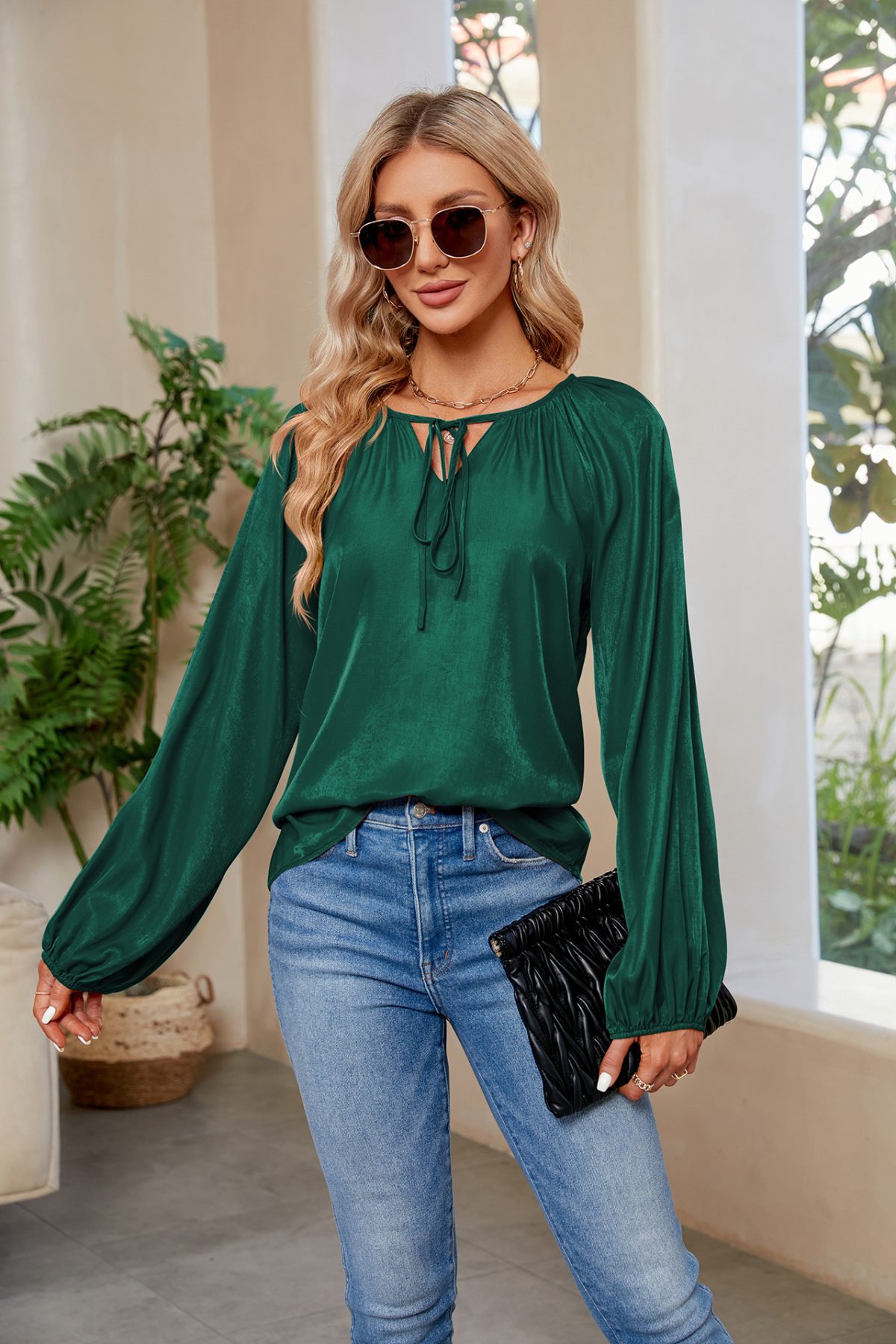 Satin Silk Lantern Long Sleeve Loose V Neck Lace Up Blouse - Blouses & Shirts - Uniqistic.com