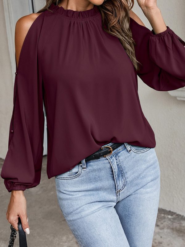 Solid Color Lotus Leaf Round Neck Long Sleeve Pleated Off Shoulder Blouse in Blouses & Shirts