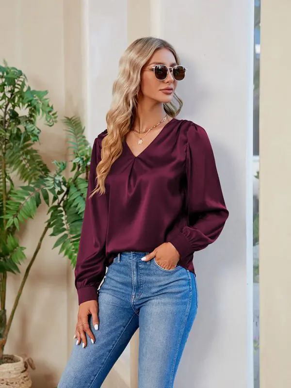 Satin Pleated Long Sleeved Top V Neck Casual Loose Work Office Blouse - Blouses & Shirts - Uniqistic.com