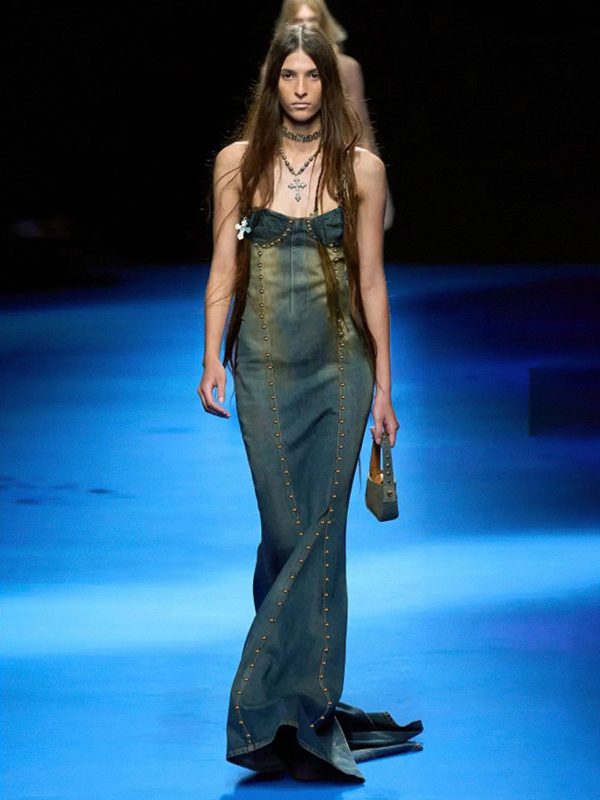 Fashionable Elegant Stretch Denim Long  Washed Beaded Heavy Industry Suspender Slim Fit Fishtail Dress - Dresses - Uniqistic.com