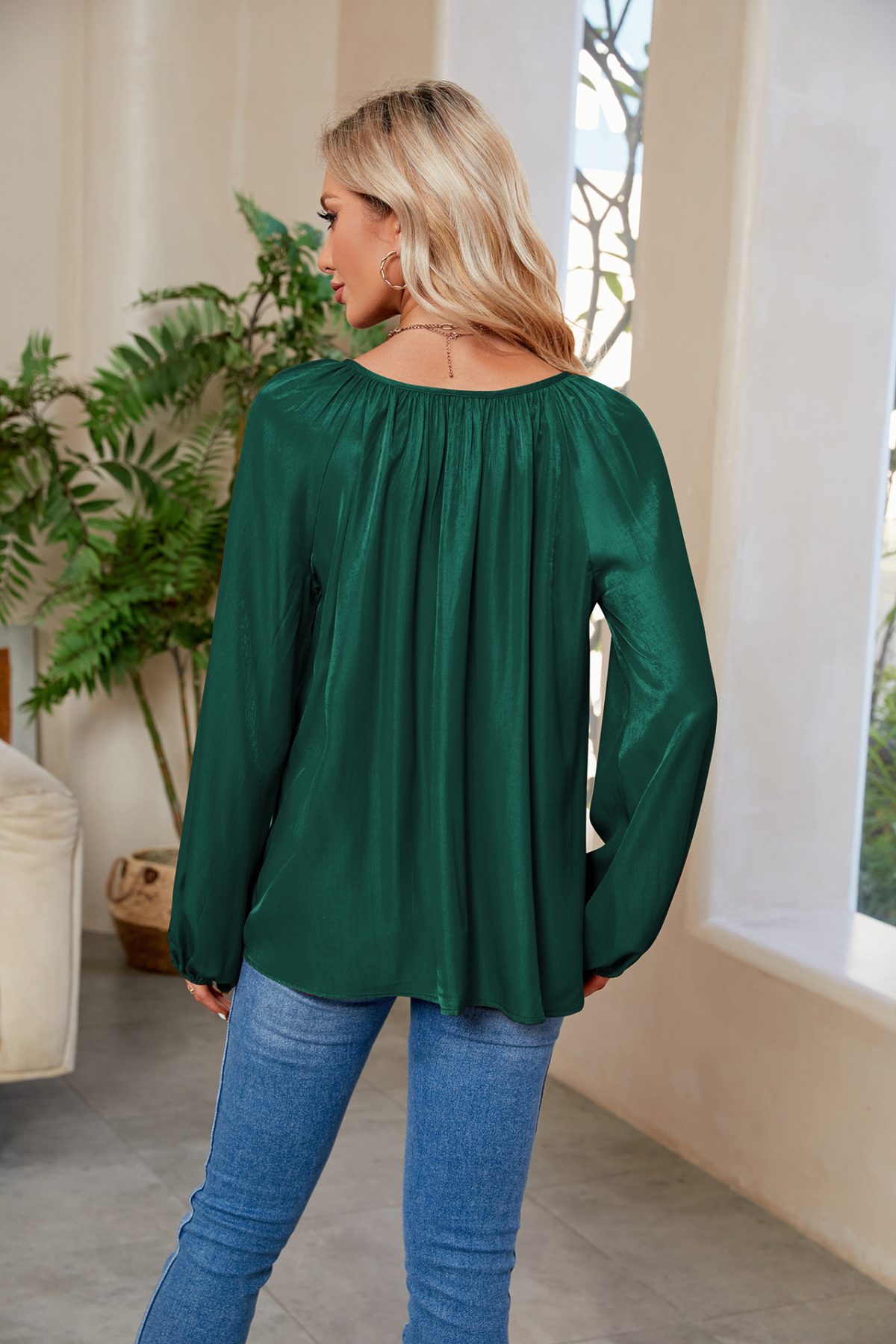 Satin Silk Lantern Long Sleeve Loose V Neck Lace Up Blouse - Blouses & Shirts - Uniqistic.com