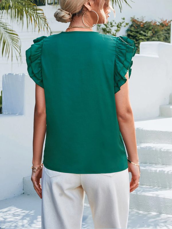 V neck Casual Ruffle Sleeve Top - Blouses & Shirts - Uniqistic.com