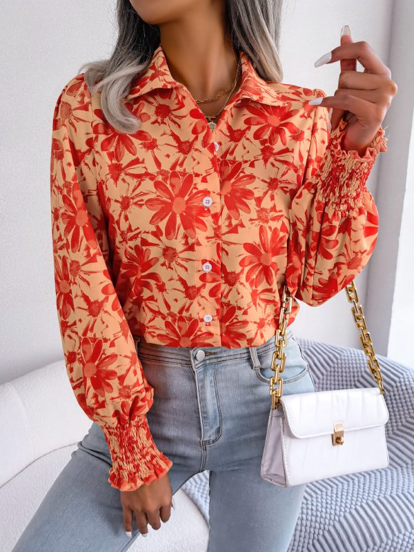 Casual Lantern Sleeve Contrast Color Floral Collared Shirt - Blouses & Shirts - Uniqistic.com