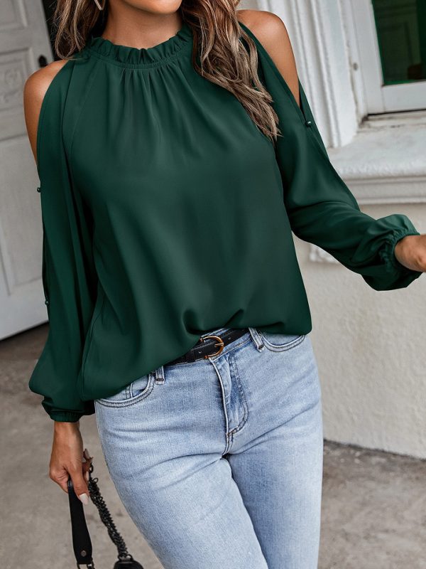 Solid Color Lotus Leaf Round Neck Long Sleeve Pleated Off Shoulder Blouse in Blouses & Shirts