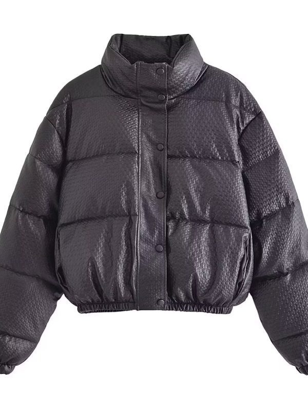 Autumn Winter Texture Imitation Shark Skin Faux Leather Cotton Padded Coat in Coats & Jackets