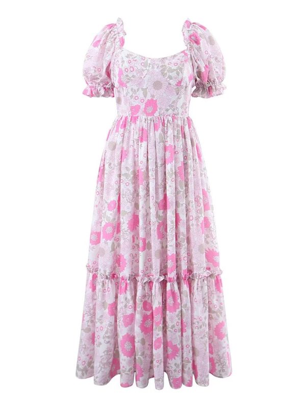 Autumn Puff Sleeve Pink Floral Printed Waist Controlled Dress - Dresses - Uniqistic.com