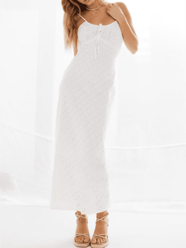 White V neck Hollow Out Cutout Knitted French Slim Dress - Dresses - Uniqistic.com