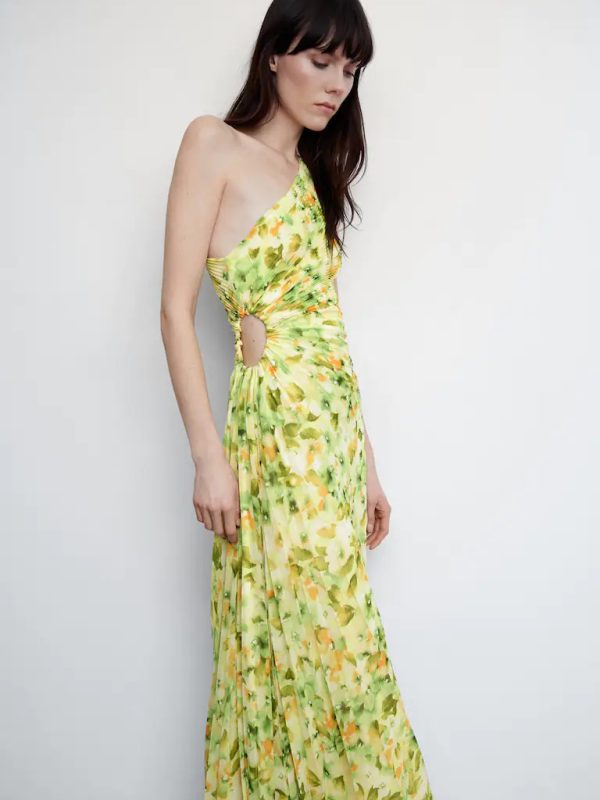 French One-Shoulder Floral Printed Pleated Dress - Dresses - Uniqistic.com