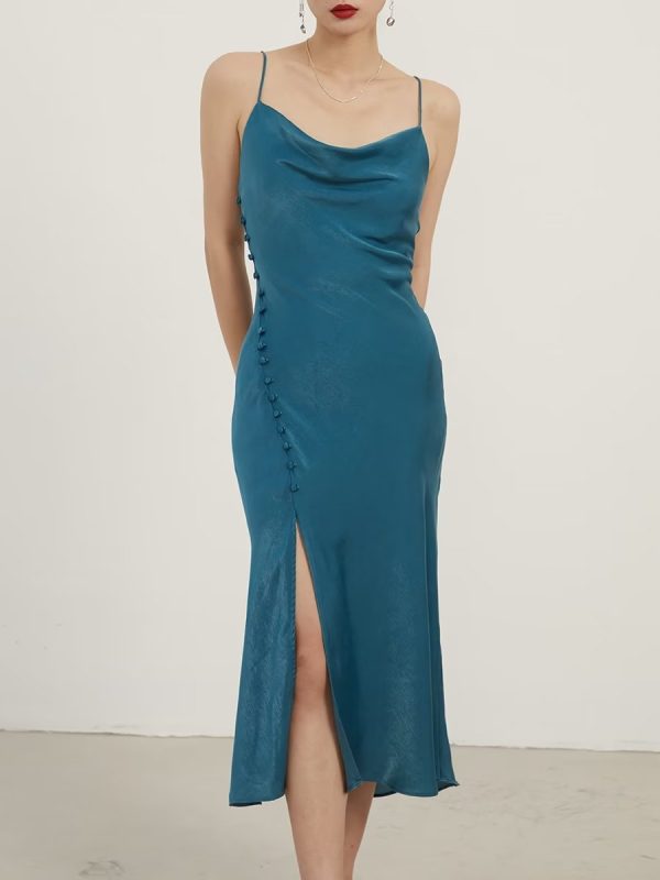 Spring Swing Collar Solid Color Breasted Satin Silky Strap Dress - Dresses - Uniqistic.com