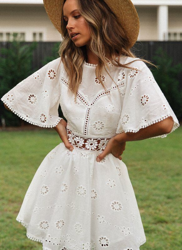Eyelet Embroidery Summer Sexy Backless Hollow Out Cutout Tassel Cotton-like Dress - Dresses - Uniqistic.com