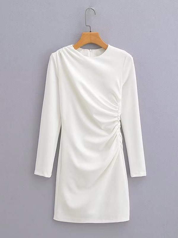 White Long Sleeve Pleated Irregular Asymmetric Slim Fit Dress - Dresses - Uniqistic.com
