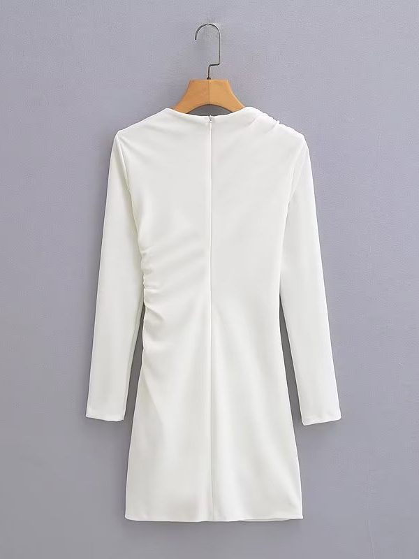 White Long Sleeve Pleated Irregular Asymmetric Slim Fit Dress - Dresses - Uniqistic.com