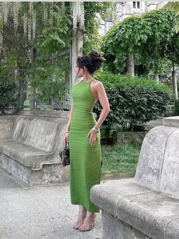 Green Decorated Tassel Linen Halter Dress - Dresses - Uniqistic.com