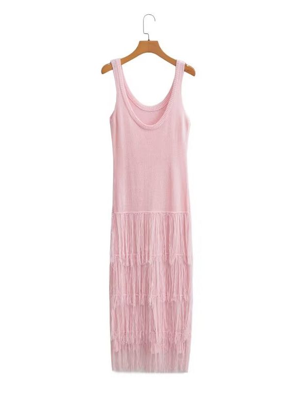 Autumn Elegant U Neck Sleeveless Pink Tassel Spaghetti Straps Knitted Maxi Dress - Dresses - Uniqistic.com