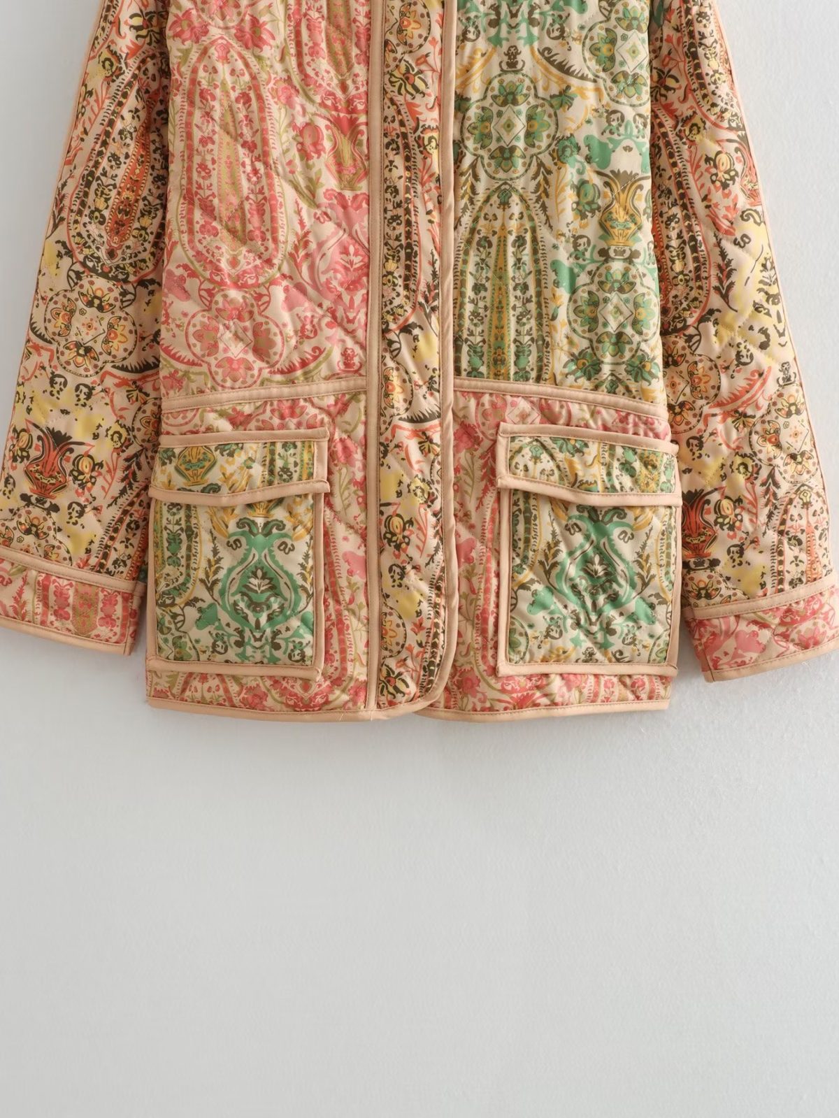 Autumn Winter Retro Ethnic Round Neck Flip Pocket Printed Quilted Cotton Jacket - Coats & Jackets - Uniqistic.com