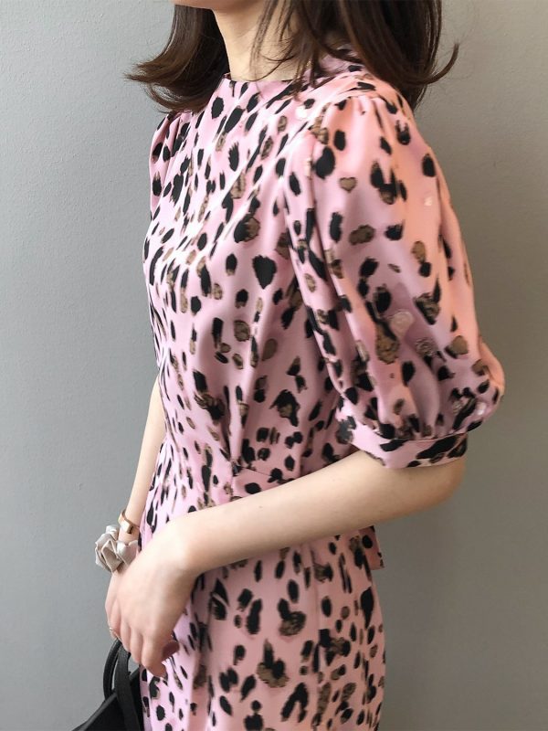 Summer Korean Elegant Tight Waist Slim Sexy Leopard Print Maxi Dress in Dresses