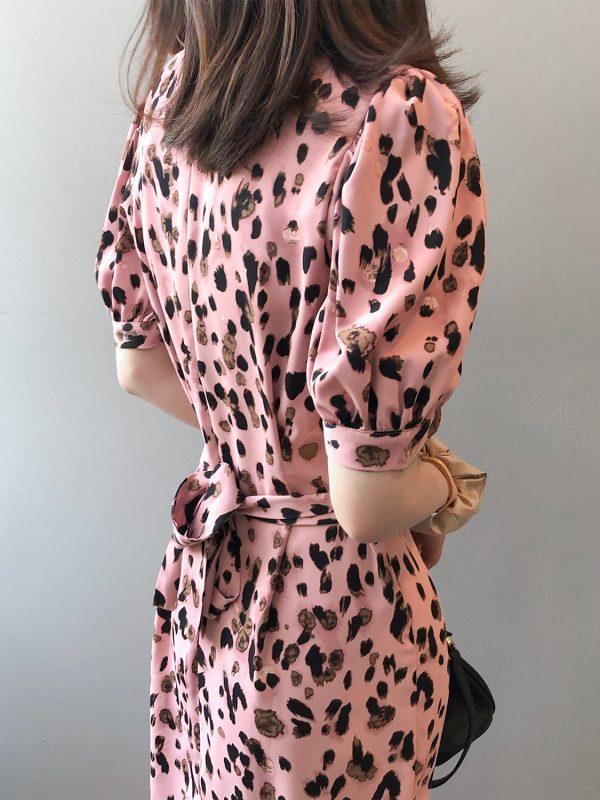 Summer Korean Elegant Tight Waist Slim Sexy Leopard Print Maxi Dress in Dresses
