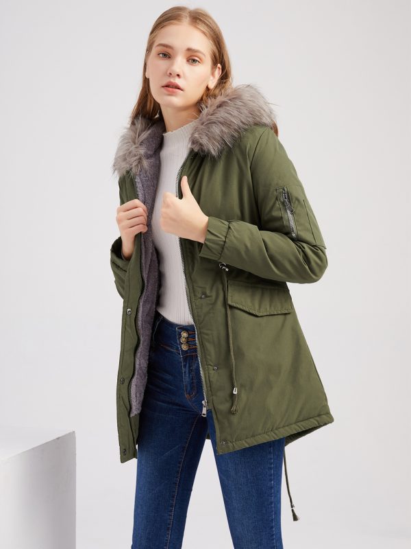 Big Fur Collar Cotton-Padded Coat Mid-Length Hooded Winter Warm Fleece Overcoat in Coats & Jackets