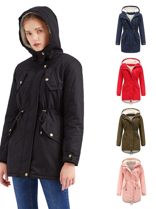 Autumn Winter Cotton-Padded Solid Color Hooded Drawstring Cinched Thickening Coat in Coats & Jackets