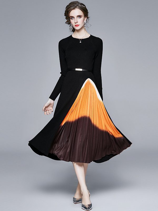 Elegant Knitted Stitching Gradient Color Pleated Slim Waist-Controlled Large Hem Dress - Dresses - Uniqistic.com