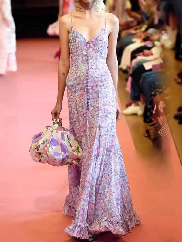 French Retro Spring Slimming Printing Slip Dress in Dresses