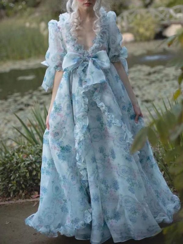 Floral Print Bubble Sleeve Retro Princess Dress in Evening Dresses