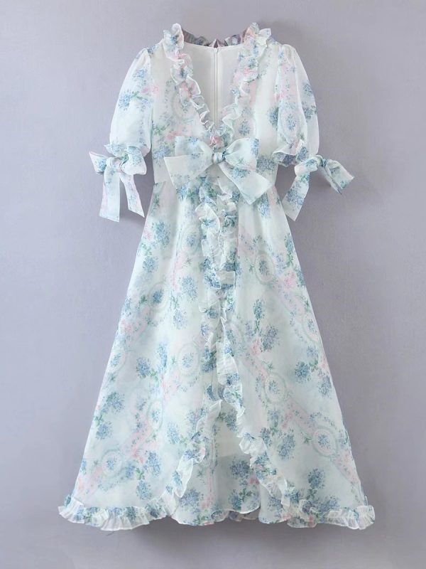 Floral Print Bubble Sleeve Retro Princess Dress in Evening Dresses