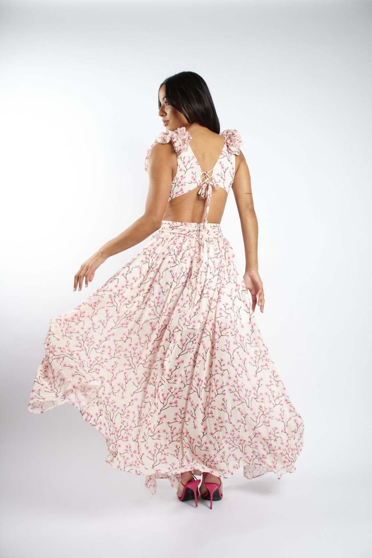 Vacation Printed V Plunge Neck Backless Slim Fit Ruffled Floral Dress - Dresses - Uniqistic.com