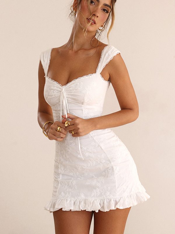 White Crocheted Suspender Slim Fit Backless Short Dress in Dresses