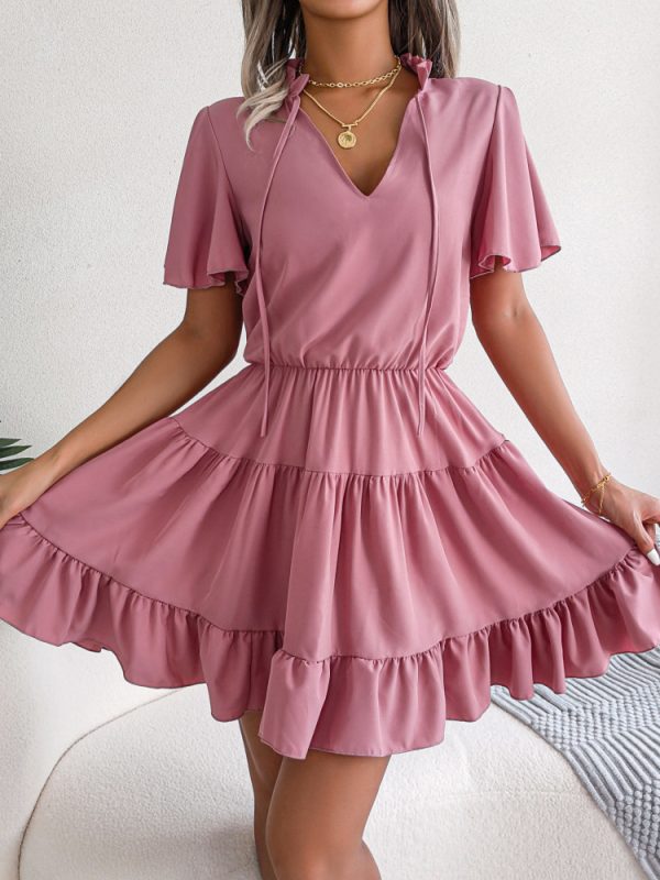 Spring Summer Flounced  Ribbon Big Hem A-line  Solid Color Dress - Dresses - Uniqistic.com