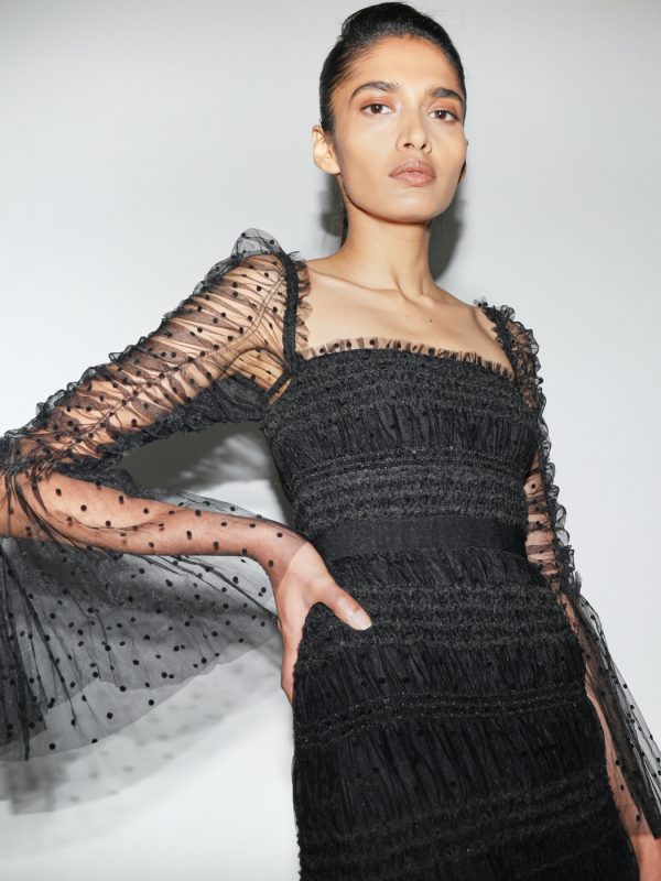 Summer Black Flared Sleeves Slimming Long Sleeve Dot Mesh Korean Dress in Dresses