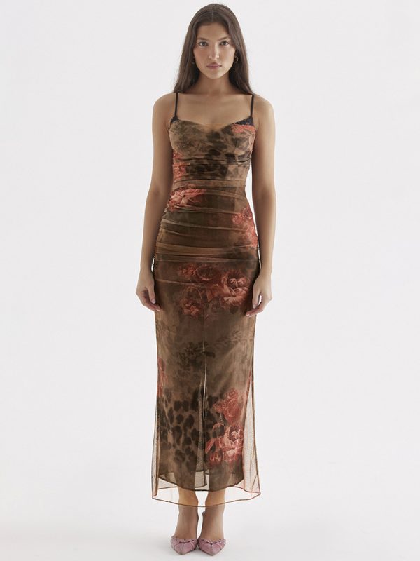 Mesh Floral Print Split Slim Fit Backless Sleeveless Strap Dress - Dresses - Uniqistic.com