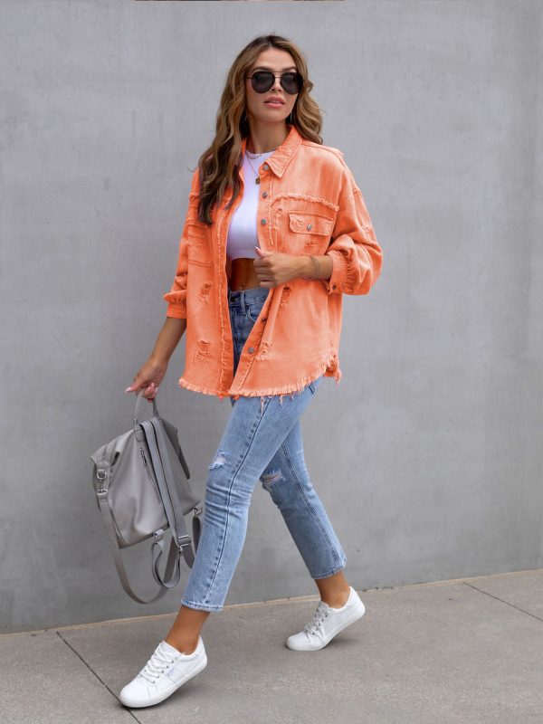 Multicolor Mid Length Ripped Loose Denim Jacket in Coats & Jackets