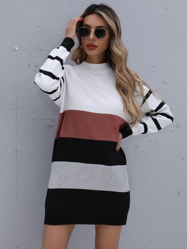 Autumn Winter Color Matching Fashionable Long Knitted Base Sweater Dress - Dresses - Uniqistic.com