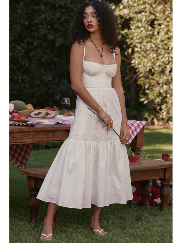 Cotton Linen Jacquard Mid Length Dress in Dresses