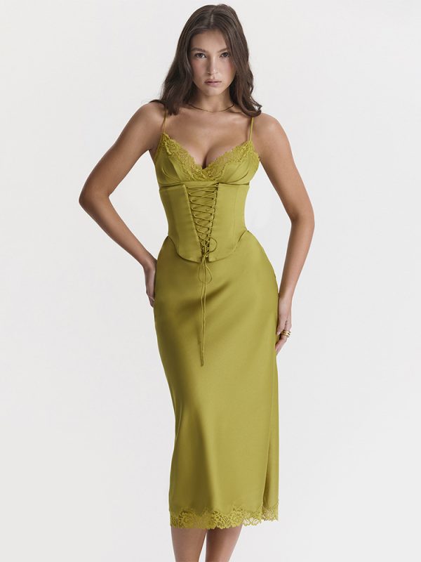 Satin Lace Slim Fit Patchwork Backless Dress - Dresses - Uniqistic.com