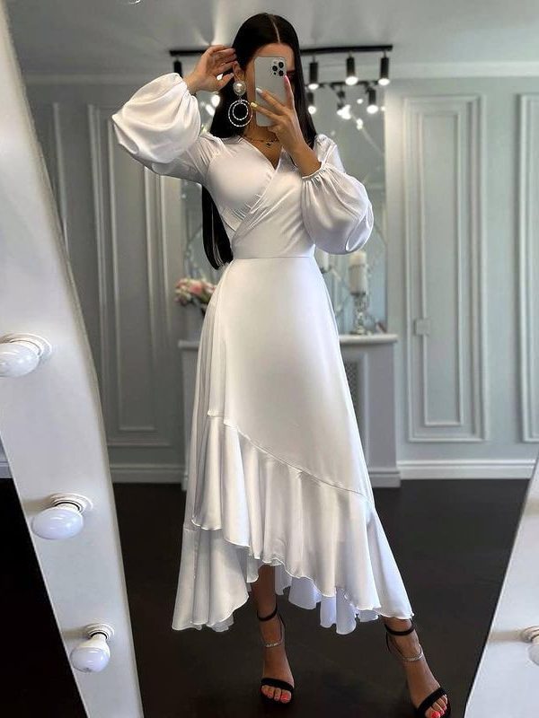Deep V Plunge Long Sleeve Solid Color Slim Fit Dress - Dresses - Uniqistic.com