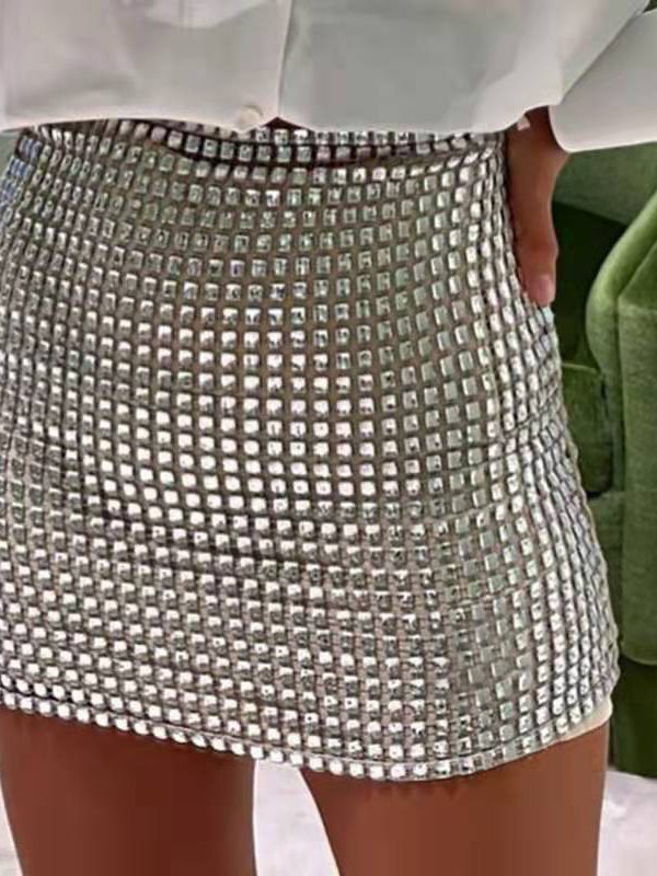 Solid Color Slim Mesh Sequined Hip Bag Skirt - Skirts - Uniqistic.com