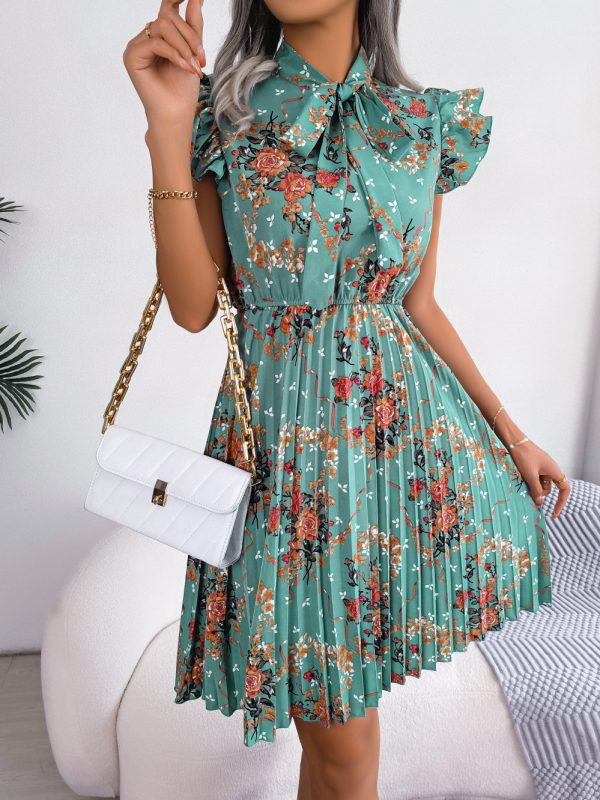 Spring Summer Dignified Floral Lace up Waist Controlled Large Hem Pleated Dress - Dresses - Uniqistic.com