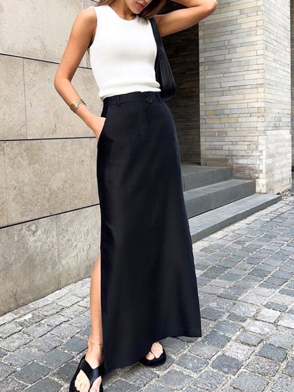 Black Cotton Silk  Split High Waist Office Drape Skirt in Skirts