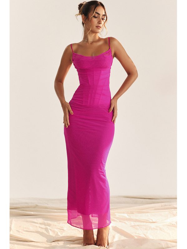 Mesh Lace Stitching Tight Split Maxi Dress in Dresses