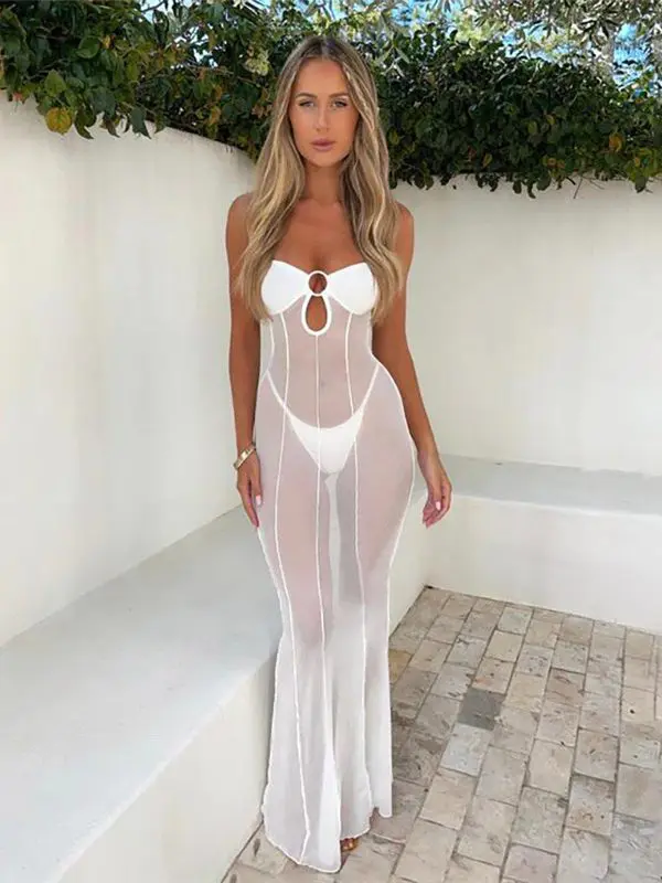 Off-Neck Hollow Out Cutout Sexy See through Mesh Slim Fit Dress in Dresses