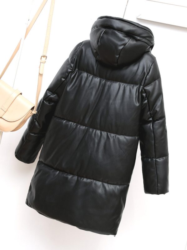 Hooded Faux Leather Mid-Length Thermal Cotton Coat - Coats & Jackets - Uniqistic.com
