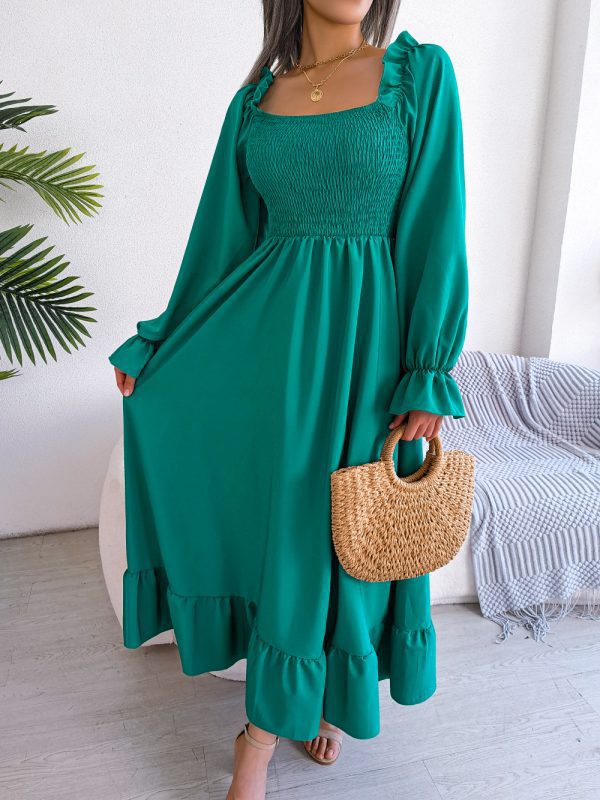 Spring Summer Casual Square Collar Flare Large Swing Ruffled Maxi Dress in Dresses