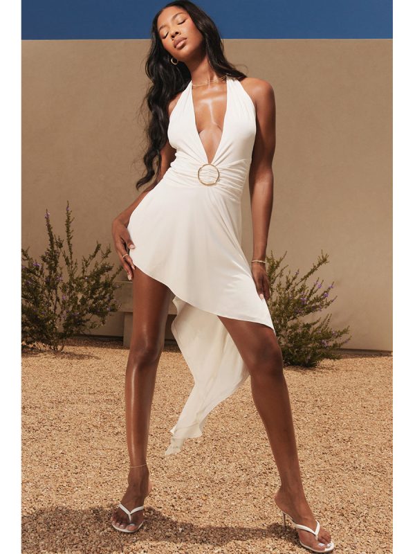 Internet Celebrity Sexy Deep V Plunge Halter Backless Irregular Asymmetric White Dress - Dresses - Uniqistic.com