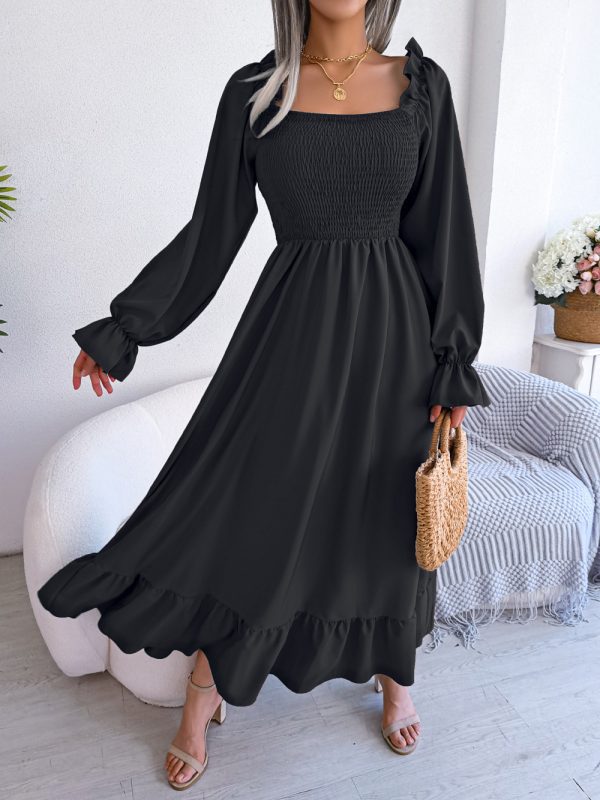 Spring Summer Casual Square Collar Flare Large Swing Ruffled Maxi Dress in Dresses